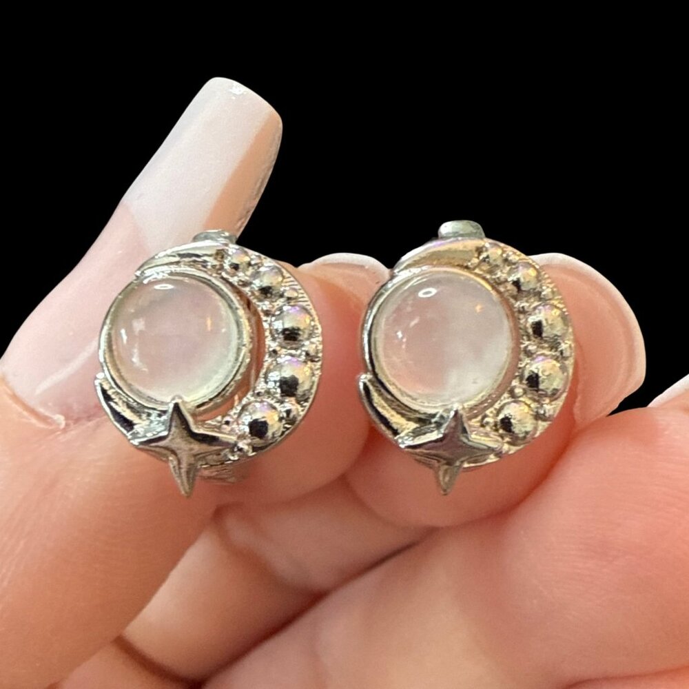 Earring white moonstone moon and star Sterling Silver snap jewelry fashion NEW